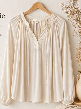 Boho Cream Tie Up Front Neck Blouse Size L Flowy Peasant Blouson Sleeves